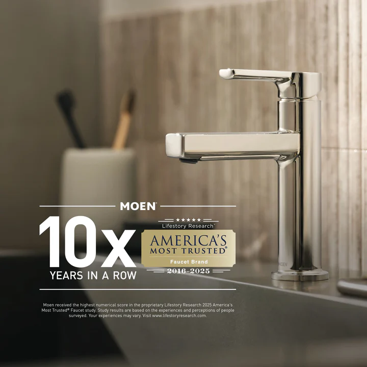 Modern bathroom faucet by Moen highlighting "America's Most Trusted Faucet Brand" award for 2016-2025, showcasing sleek design and quality craftsmanship relevant to Upstate Bath Renewal's remodeling services.