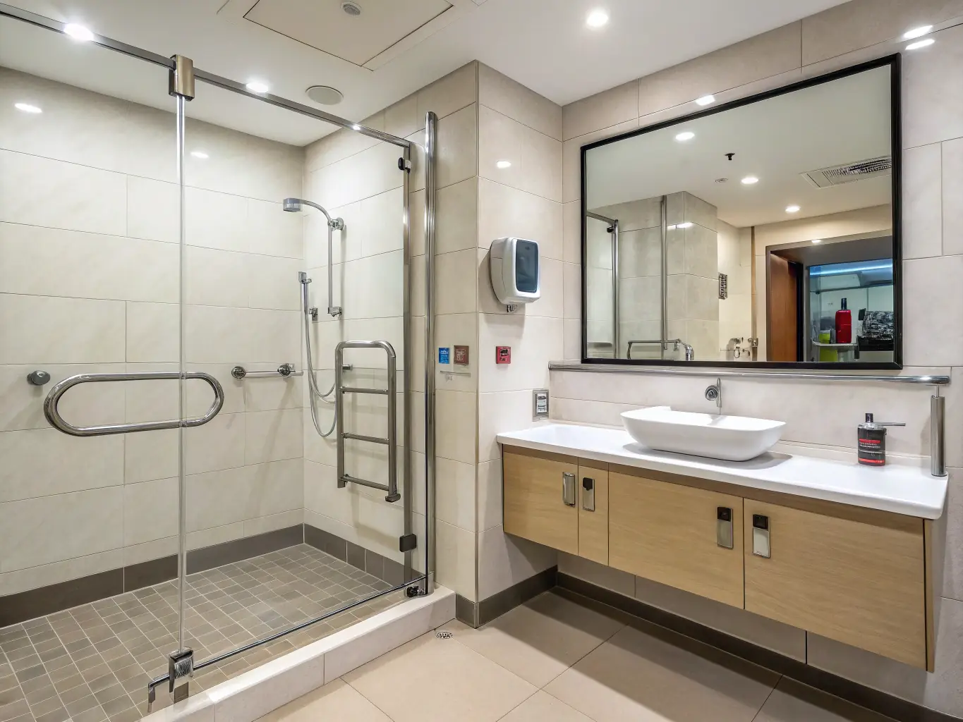 A bathroom featuring accessibility modifications such as grab bars and a walk-in shower, demonstrating Upstate Bath Renewal's commitment to safety and inclusivity.