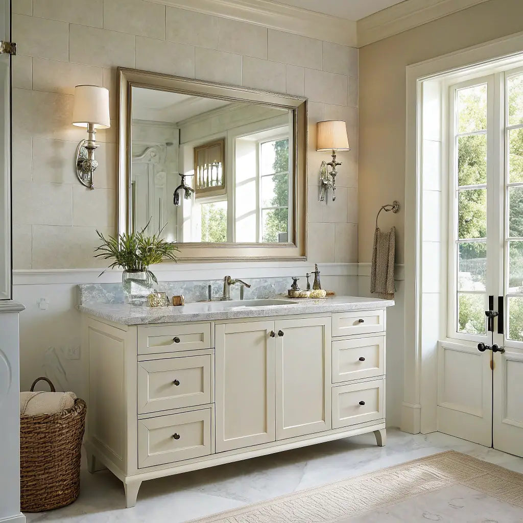 Stylish bathroom vanity with elegant cabinetry, marble countertop, and dual sinks, complemented by decorative wall sconces and a large mirror, showcasing modern design for functional bathroom upgrades.