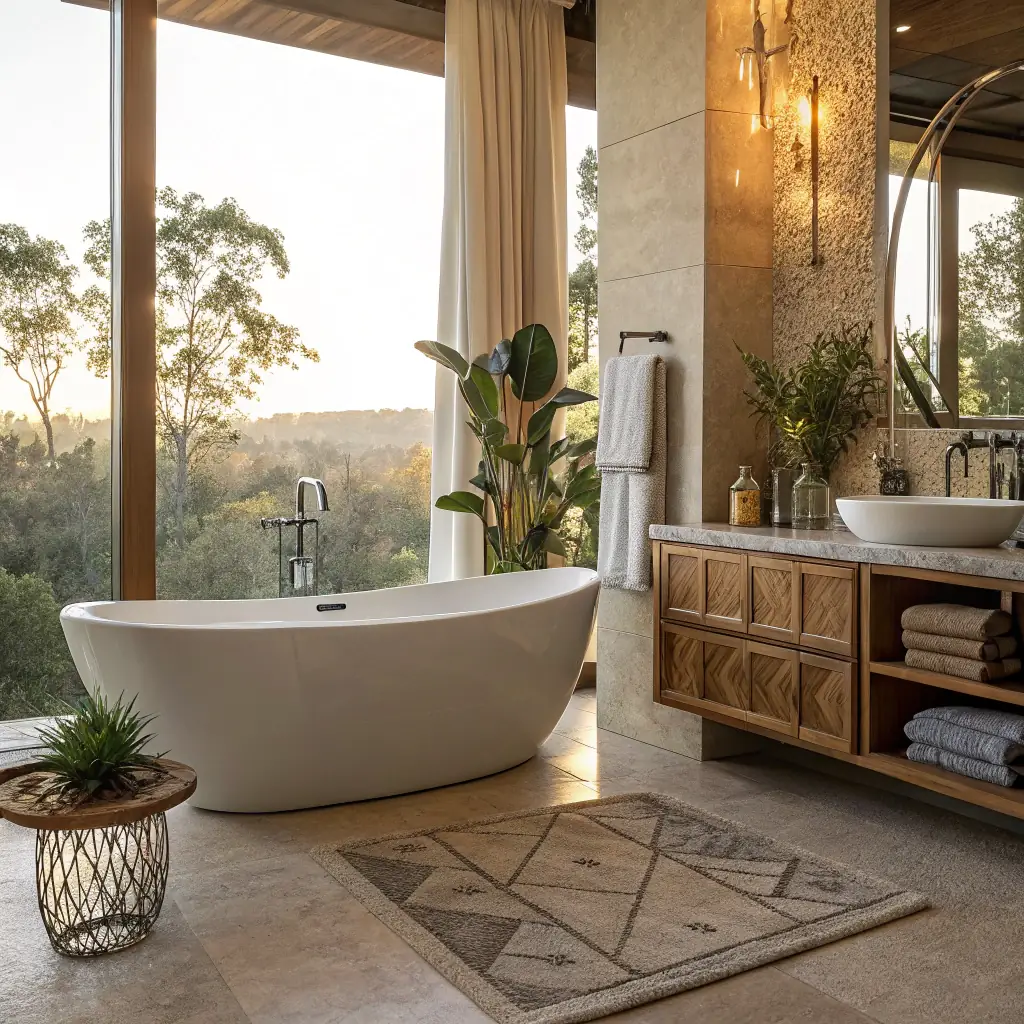 Spacious modern bathroom featuring a freestanding white bathtub, wooden vanity with neatly arranged towels, lush greenery, and large windows showcasing a serene outdoor view.