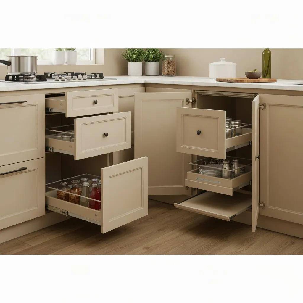 Innovative smart storage solutions in a modern kitchen, showcasing pull-out pantries and organized spaces