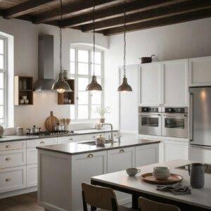 Modern kitchen design featuring white cabinetry, stainless steel appliances, pendant lighting, and a central island, emphasizing contemporary style and functionality in Upstate SC renovations.