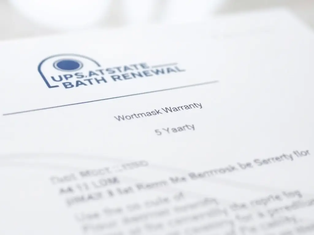 Upstate Bath Renewal warranty document detailing 5-year workmanship guarantee for bathroom remodeling services.