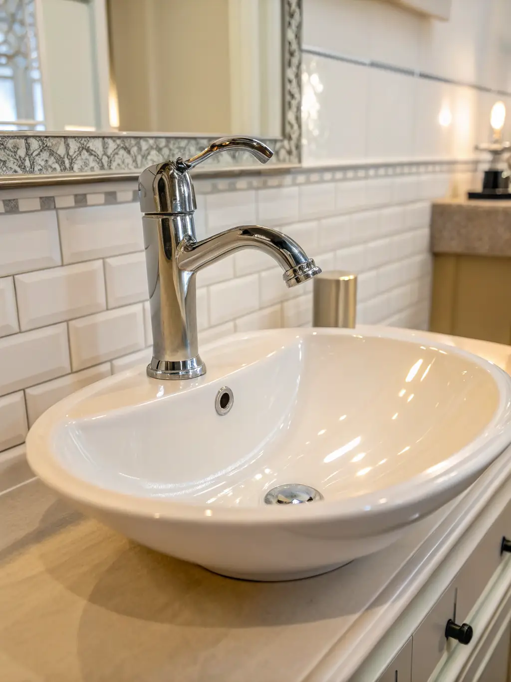 Modern bathroom sink with chrome faucet and white basin, featuring stylish tile backsplash and elegant mirror, showcasing Upstate Bath Renewal's premium remodeling services.