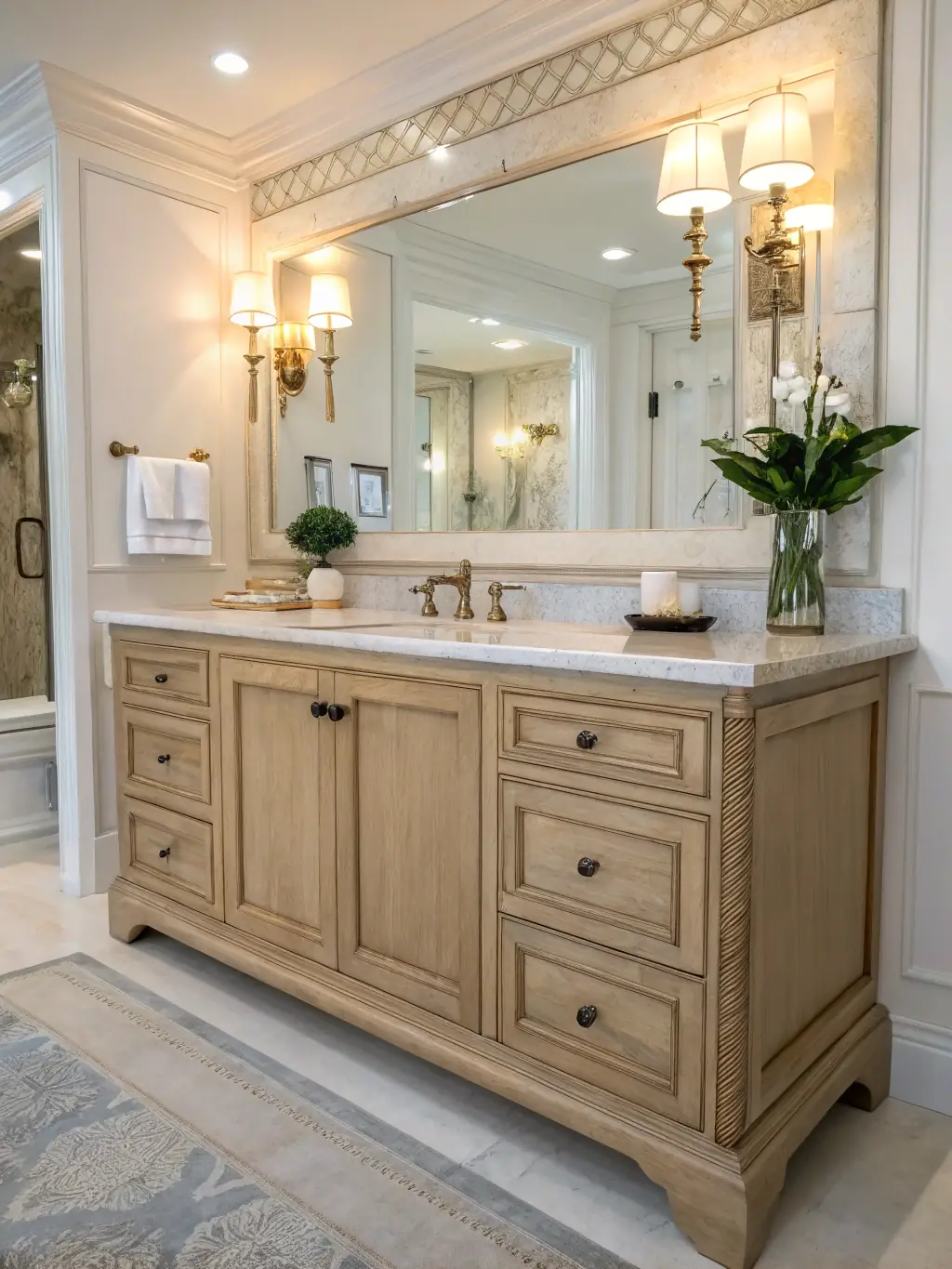 Elegant bathroom vanity with light wood cabinetry, marble countertop, stylish fixtures, and decorative mirror, showcasing modern design and functionality for Spartanburg home renovations.