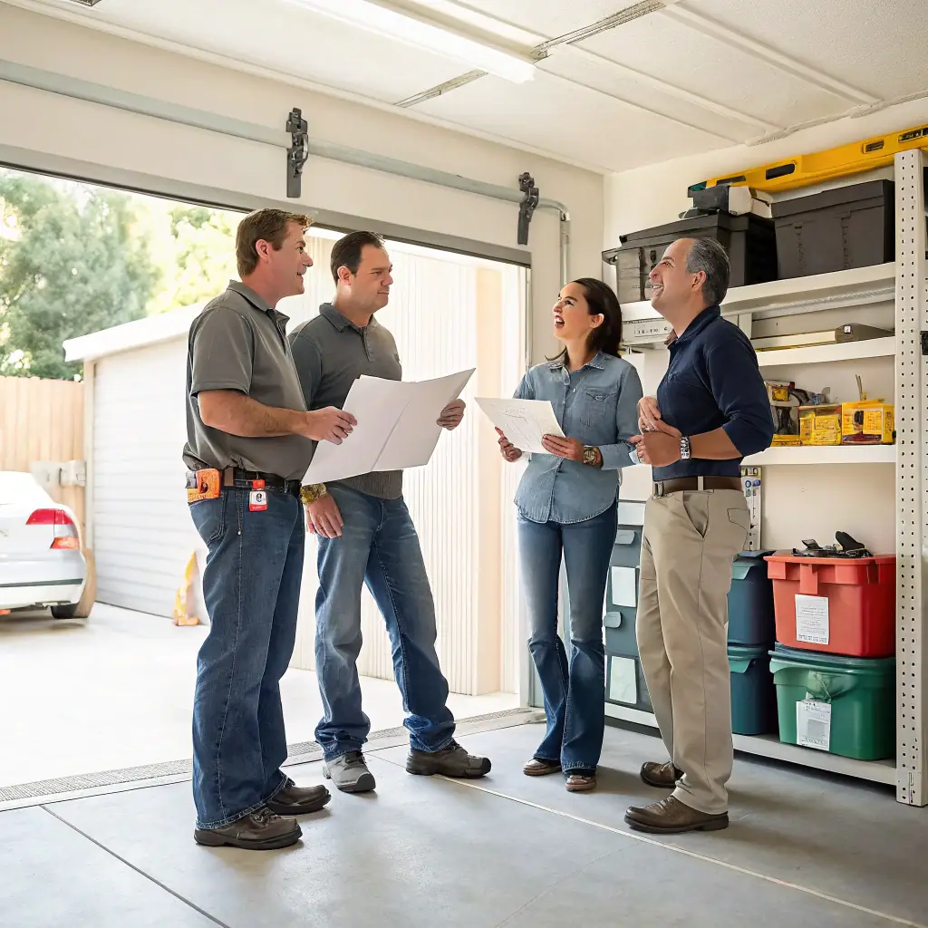 Four professionals discussing remodeling plans in a garage, holding blueprints and collaborating on design details for home improvement projects.