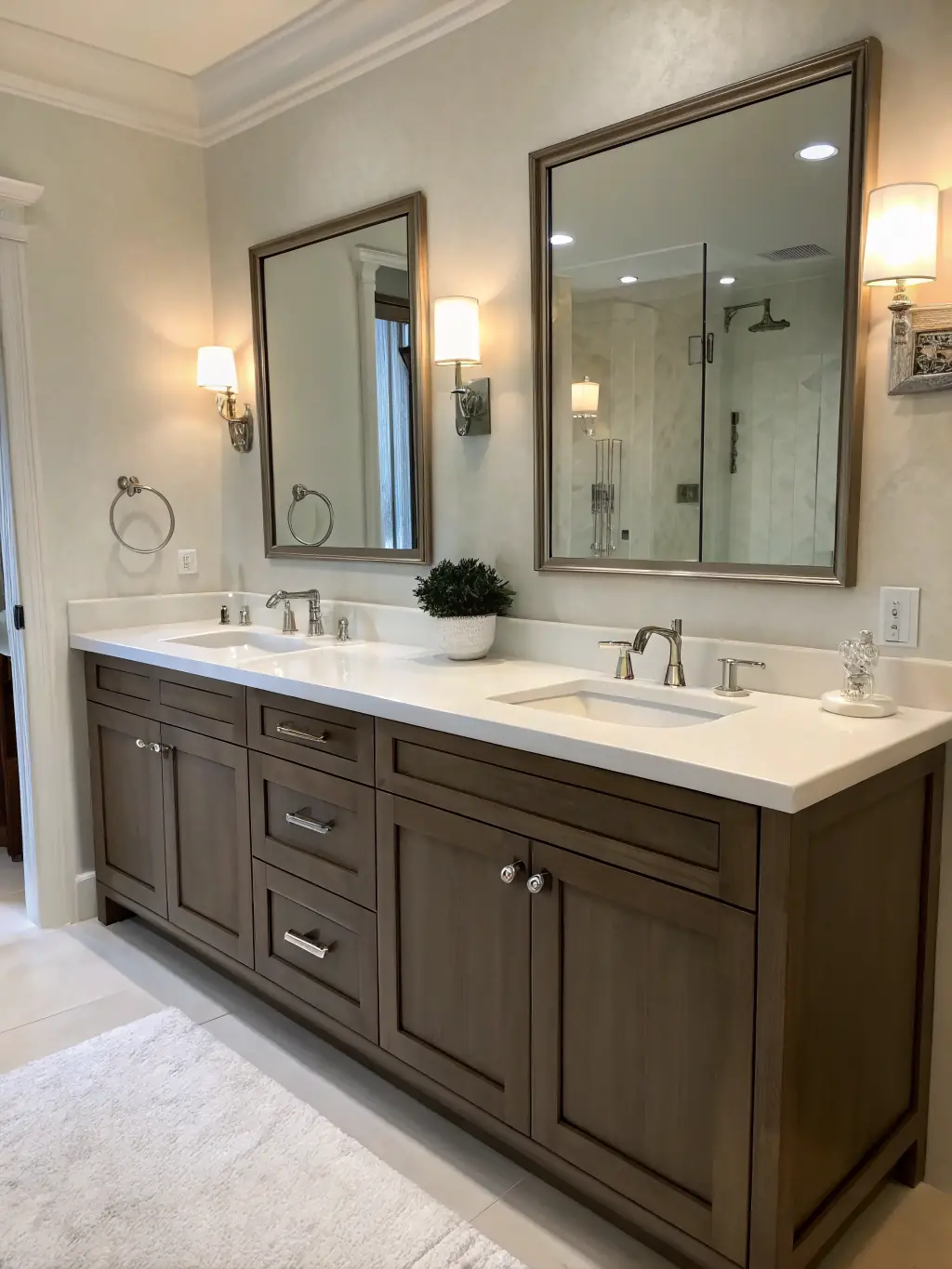 Modern bathroom with dual sinks, custom cabinetry, elegant mirrors, and stylish lighting, showcasing a premium and functional design for home renovation.