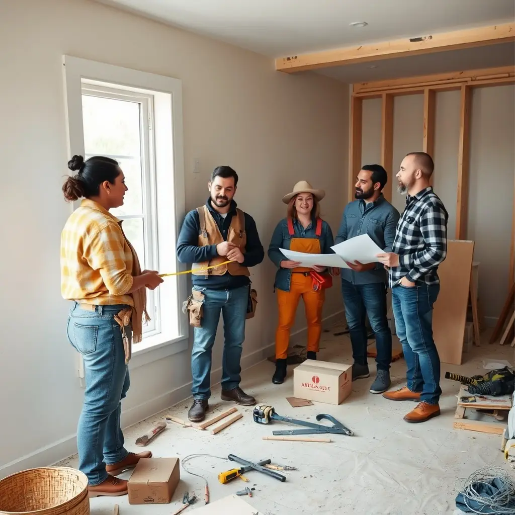 Team of remodeling professionals discussing plans in a partially renovated bathroom, showcasing tools and materials for home improvement.