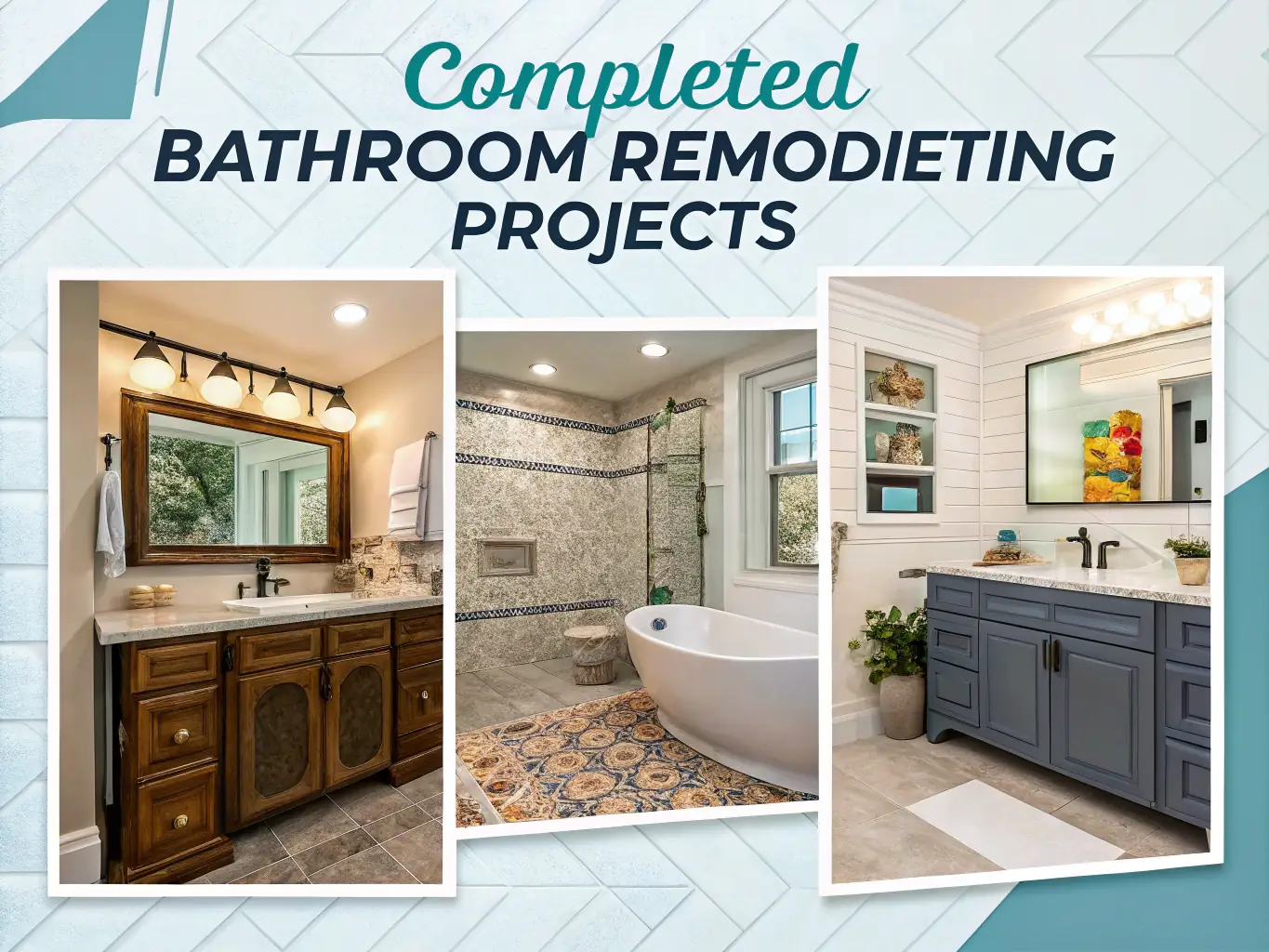 Completed bathroom remodeling projects showcasing modern designs, including a wooden vanity with a mirror, a spacious shower area, and a stylish freestanding tub, emphasizing Upstate Bath Renewal's craftsmanship and quality.