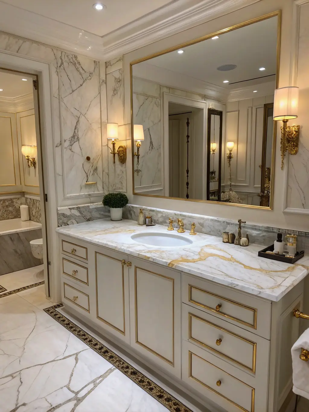 Luxurious bathroom featuring elegant marble walls, a spacious vanity with gold accents, a large mirror, and stylish lighting, showcasing custom cabinetry and premium design elements for a modern Spartanburg remodel.