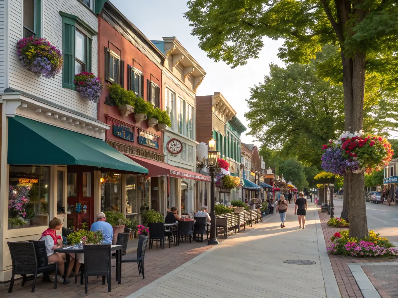 Charming streetscape in Upstate South Carolina featuring vibrant storefronts, outdoor dining, and colorful flower arrangements, highlighting community engagement and local business appeal.