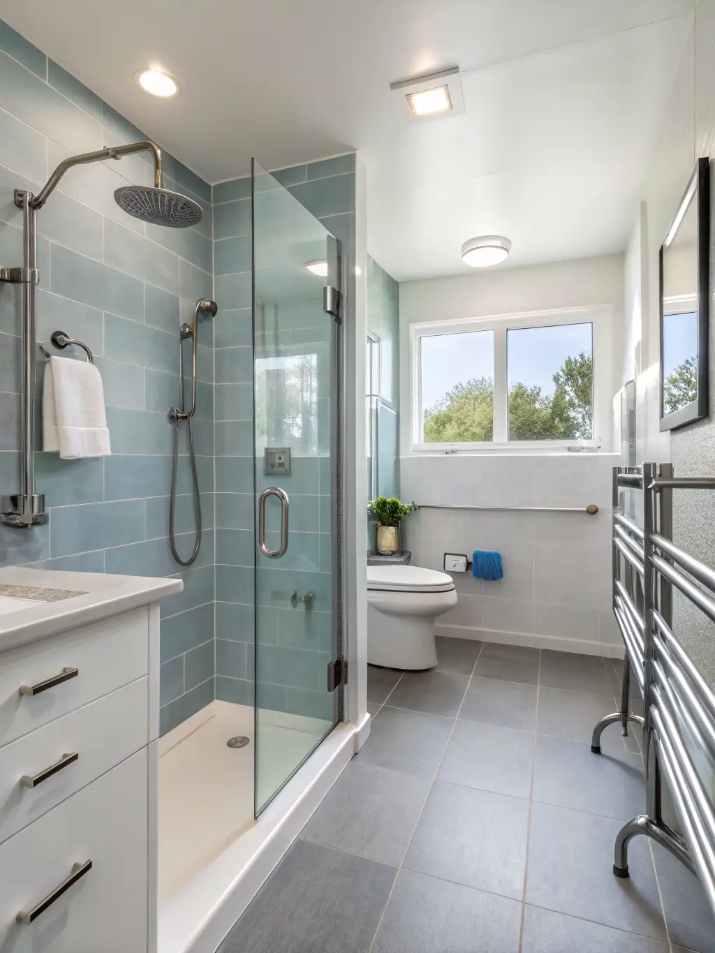 Modern bathroom remodel featuring a glass shower, light blue tiles, and sleek white cabinetry, emphasizing functionality and style for Greenville homeowners.