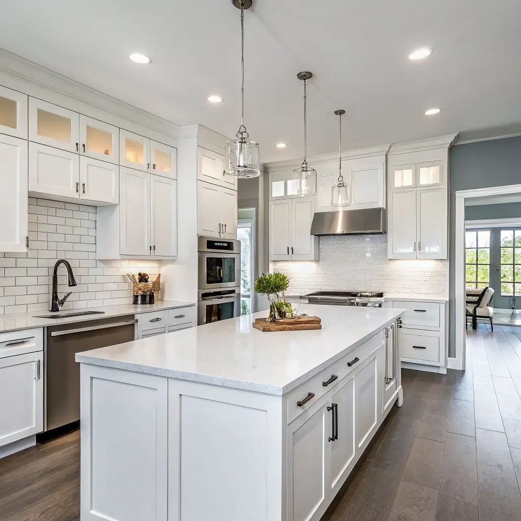 Modern kitchen featuring white cabinetry, quartz countertops, stainless steel appliances, and pendant lighting, showcasing a stylish and functional design ideal for remodeling in Spartanburg, SC.
