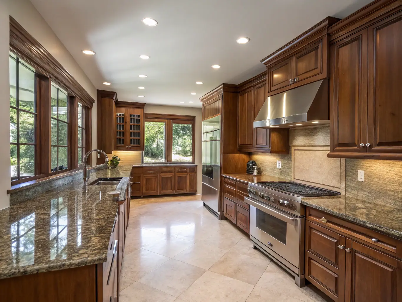 Modern kitchen with wooden cabinetry, granite countertops, stainless steel appliances, and large windows providing natural light, showcasing Upstate Bath Renewal's kitchen remodeling expertise.