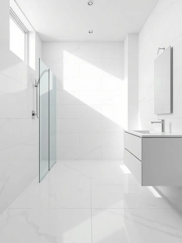 Modern bathroom interior featuring a spacious walk-in shower with glass door, sleek white cabinetry, and bright natural lighting, highlighting a stylish and functional design for home remodeling.