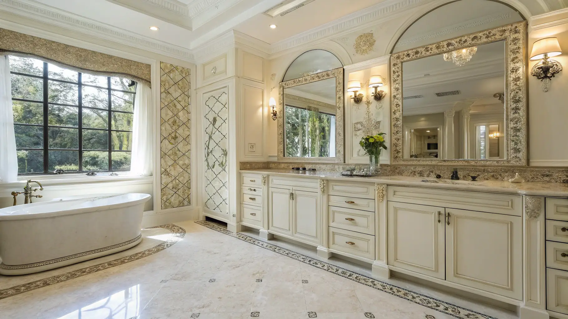Luxurious bathroom featuring a freestanding tub, elegant cabinetry, dual mirrors, modern lighting, and intricate tile work, emphasizing a stylish and accessible design for renovation projects.