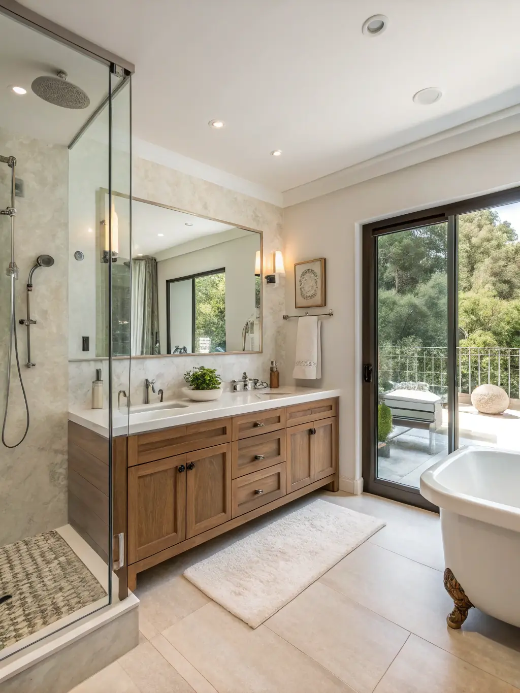 Modern bathroom design featuring a glass shower, wooden vanity with dual sinks, and a freestanding tub, showcasing a stylish and functional space ideal for remodeling.