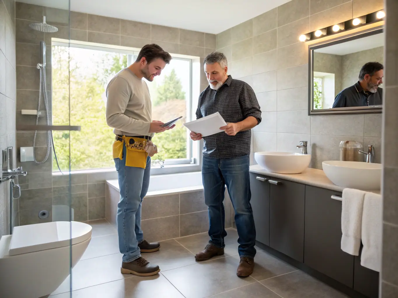 Two men discussing bathroom renovation plans in a modern bathroom with a large window, featuring a freestanding tub, double sinks, and contemporary fixtures.
