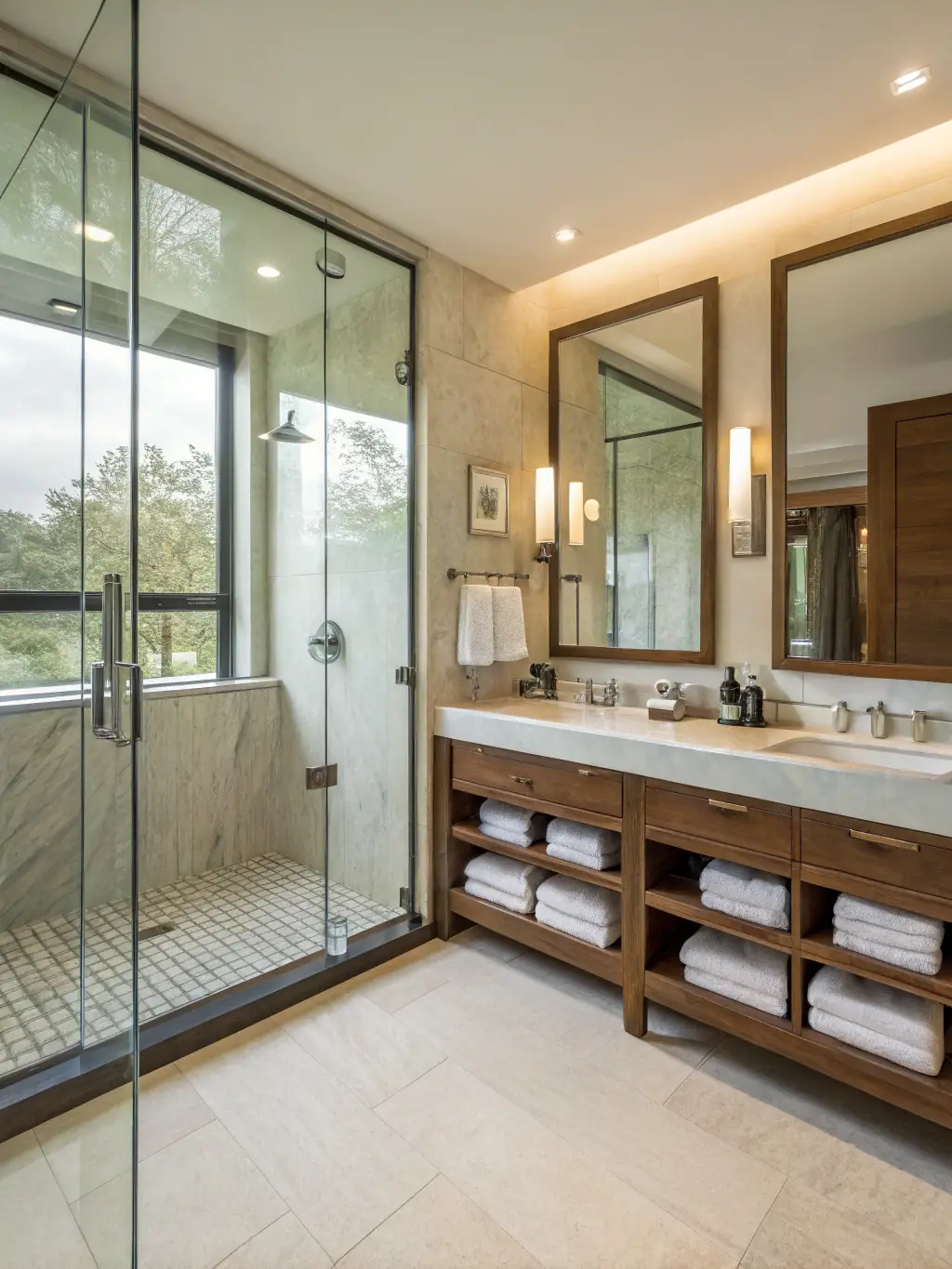 Modern bathroom featuring a glass shower enclosure, elegant wooden vanity with neatly stacked towels, dual mirrors, and stylish lighting, reflecting Upstate Bath Renewal's commitment to quality remodeling in Spartanburg.
