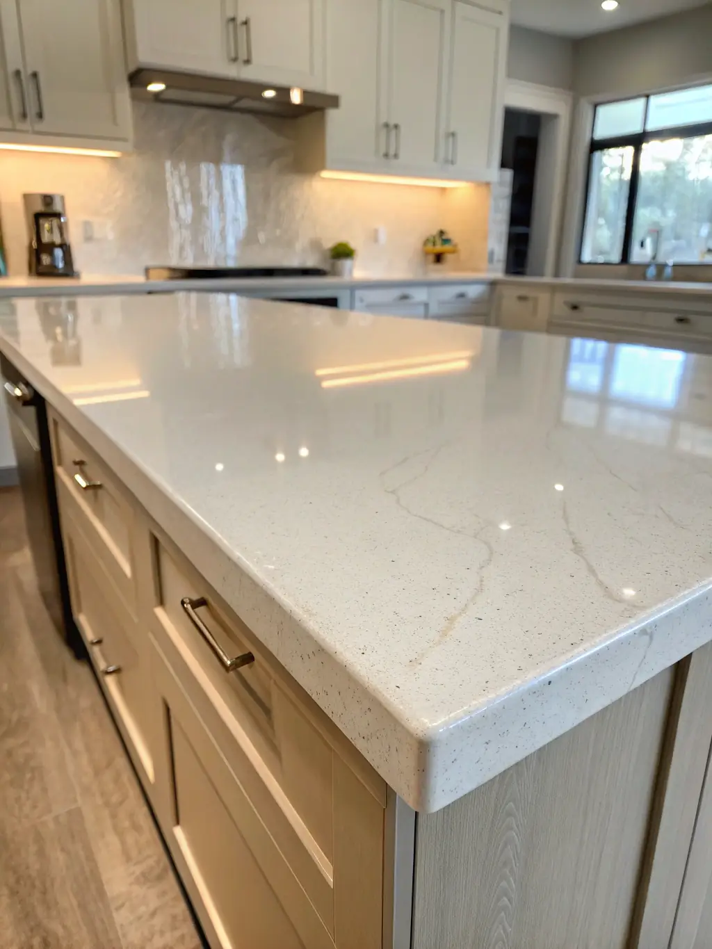 Custom kitchen cabinetry featuring premium quartz countertops, showcasing modern design and expert craftsmanship in a well-lit Anderson kitchen.