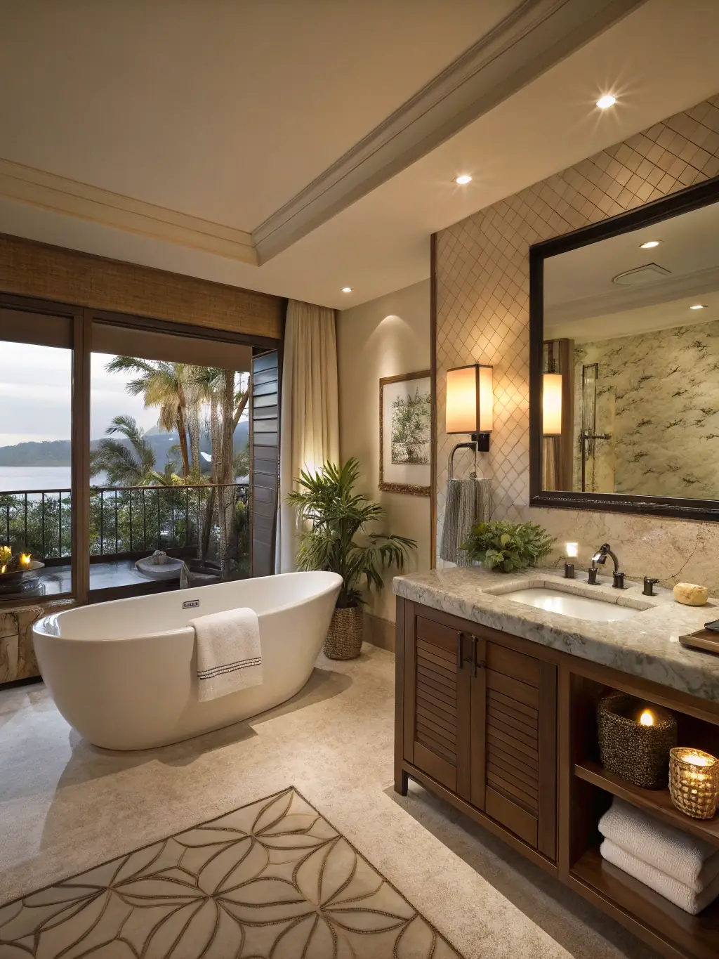 Luxurious modern bathroom featuring a freestanding bathtub, elegant wooden vanity with sink, and large windows showcasing a scenic view, emphasizing spa-like retreat aesthetics.