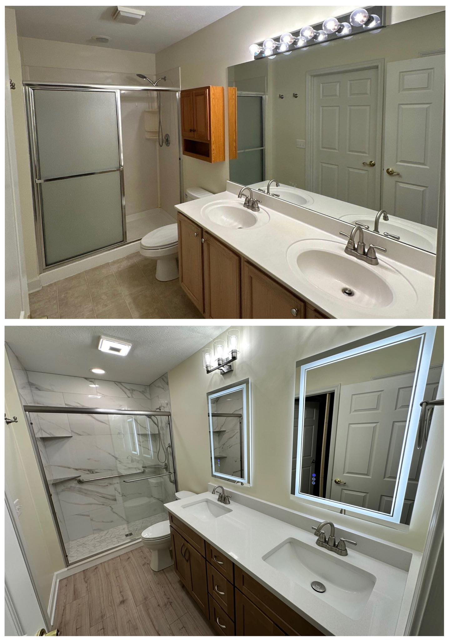Tile bathroom, new floor and custom vanity, quartz countertops, LED mirrors.