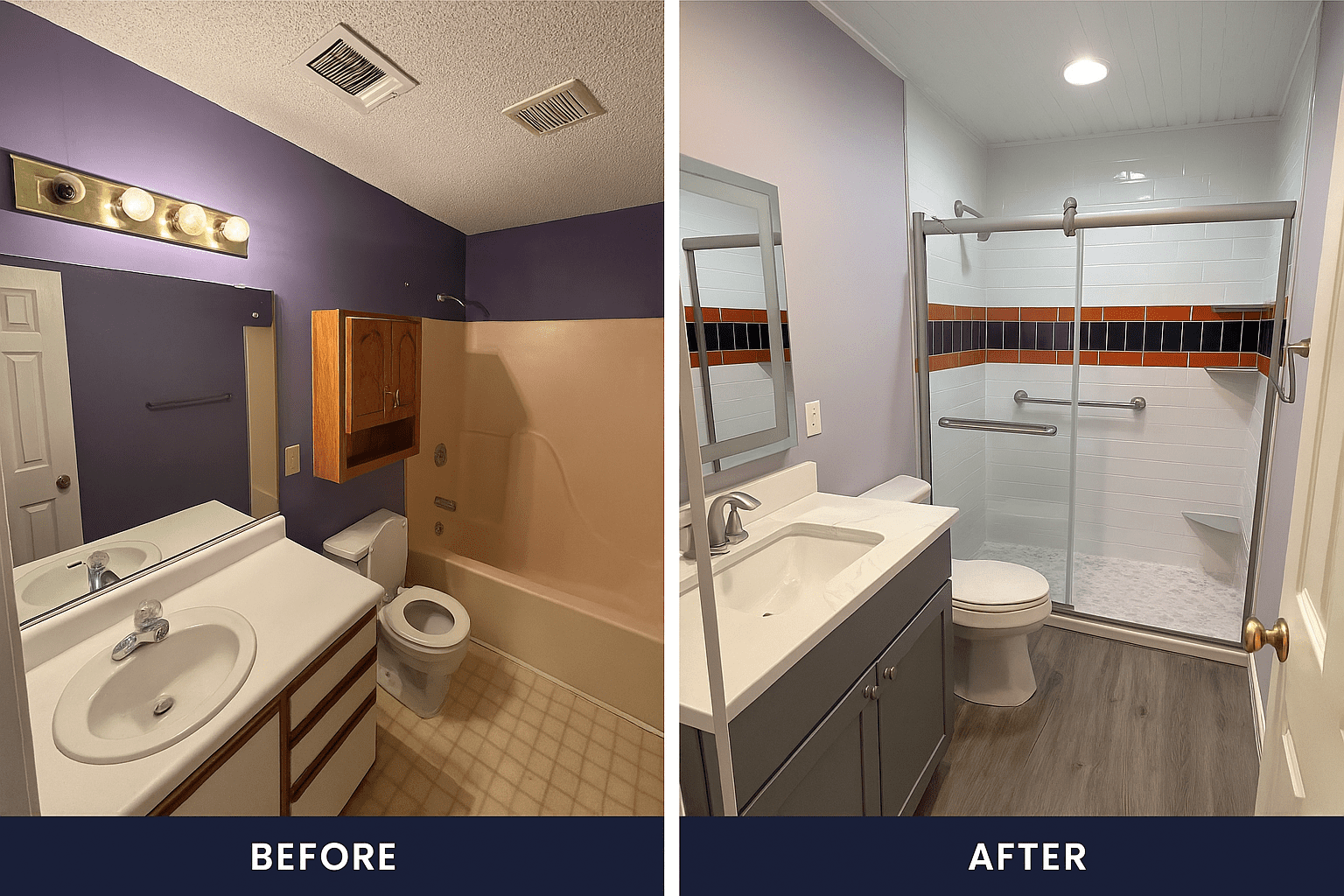 Clemson bathroom remodel before and after comparison showing transformation from purple-walled tub/shower to modern walk-in shower with orange and navy tile accent stripe, gray vanity, and LVP flooring.