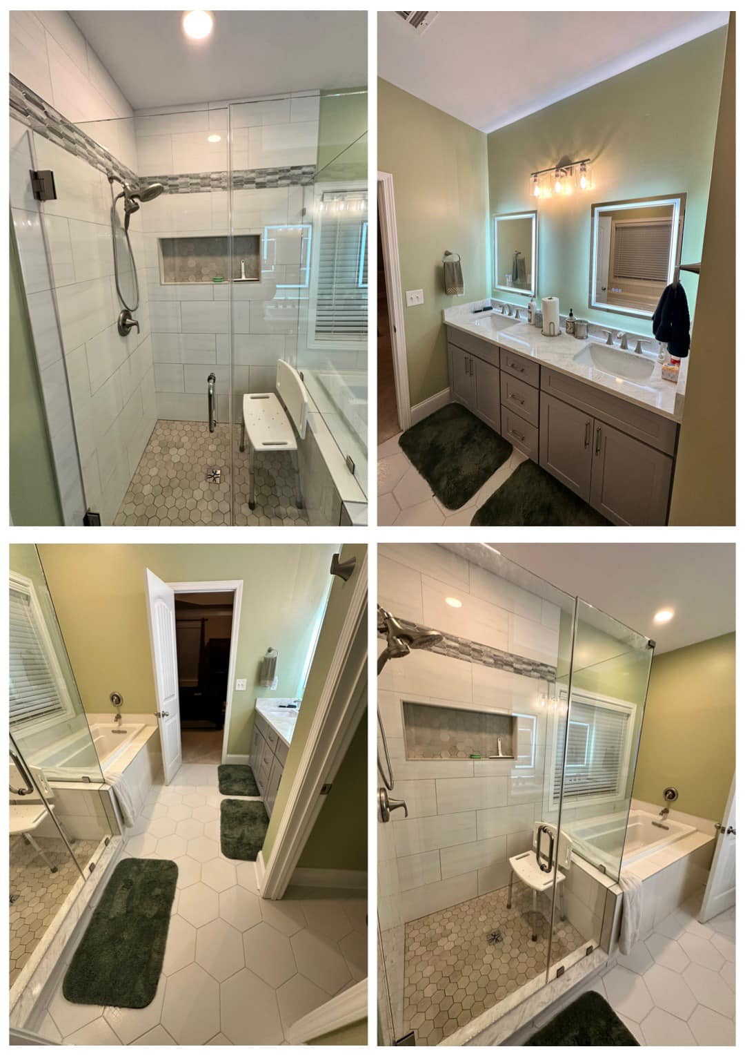 Remodeled Williamston SC bathroom with custom tile walk-in shower, hexagon shower floor, quartz double vanity, LED mirrors, and sage green walls.